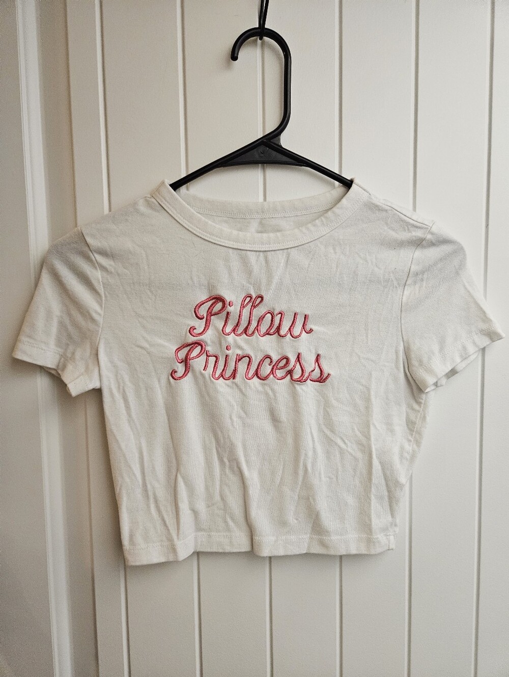 Wild Fable White Crop Tee with "Pillow Princess" Pink Embroidered Text